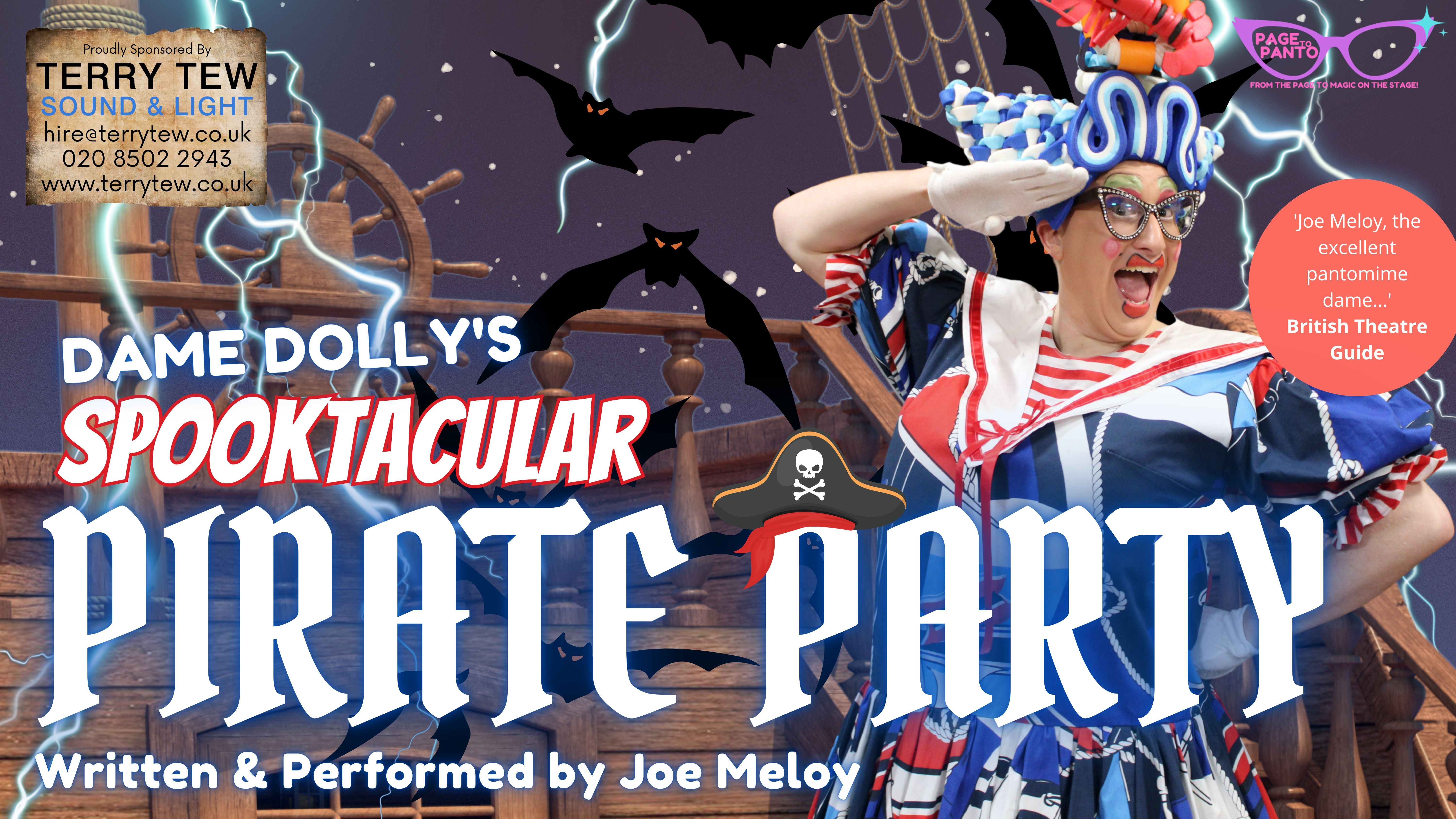 Dame Dolly salutes onboard a spooky pirate ship, with bats and a storm brewing